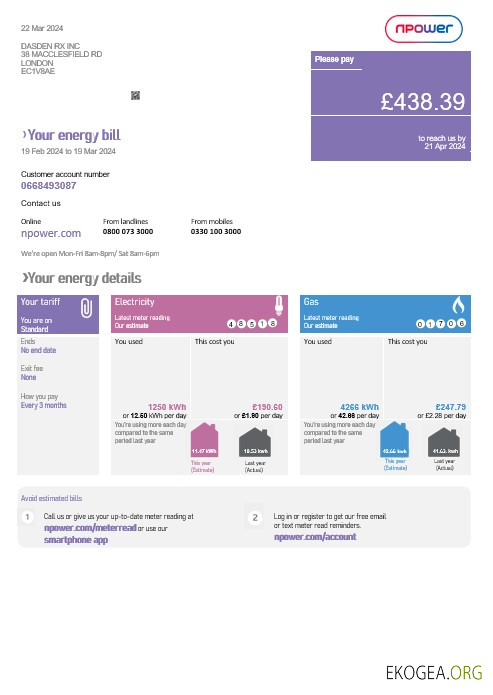 Modèle de facture de services publics Npower pour le Royaume Uni aux formats Word et PDF
